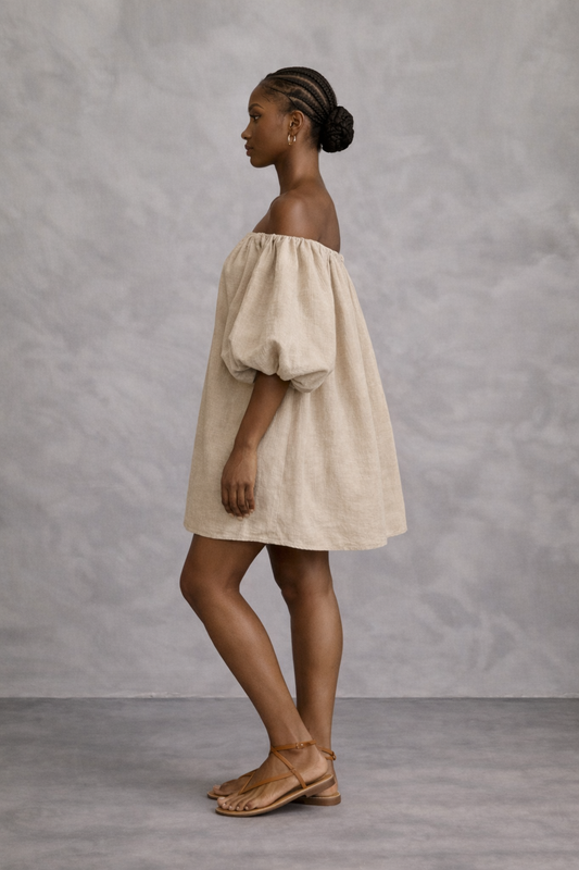 The Luma Off-Shoulder Linen Dress –Sand