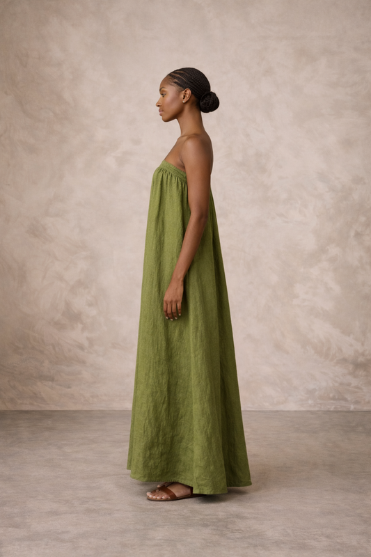 The Isla Strapless Linen Maxi Dress – Green