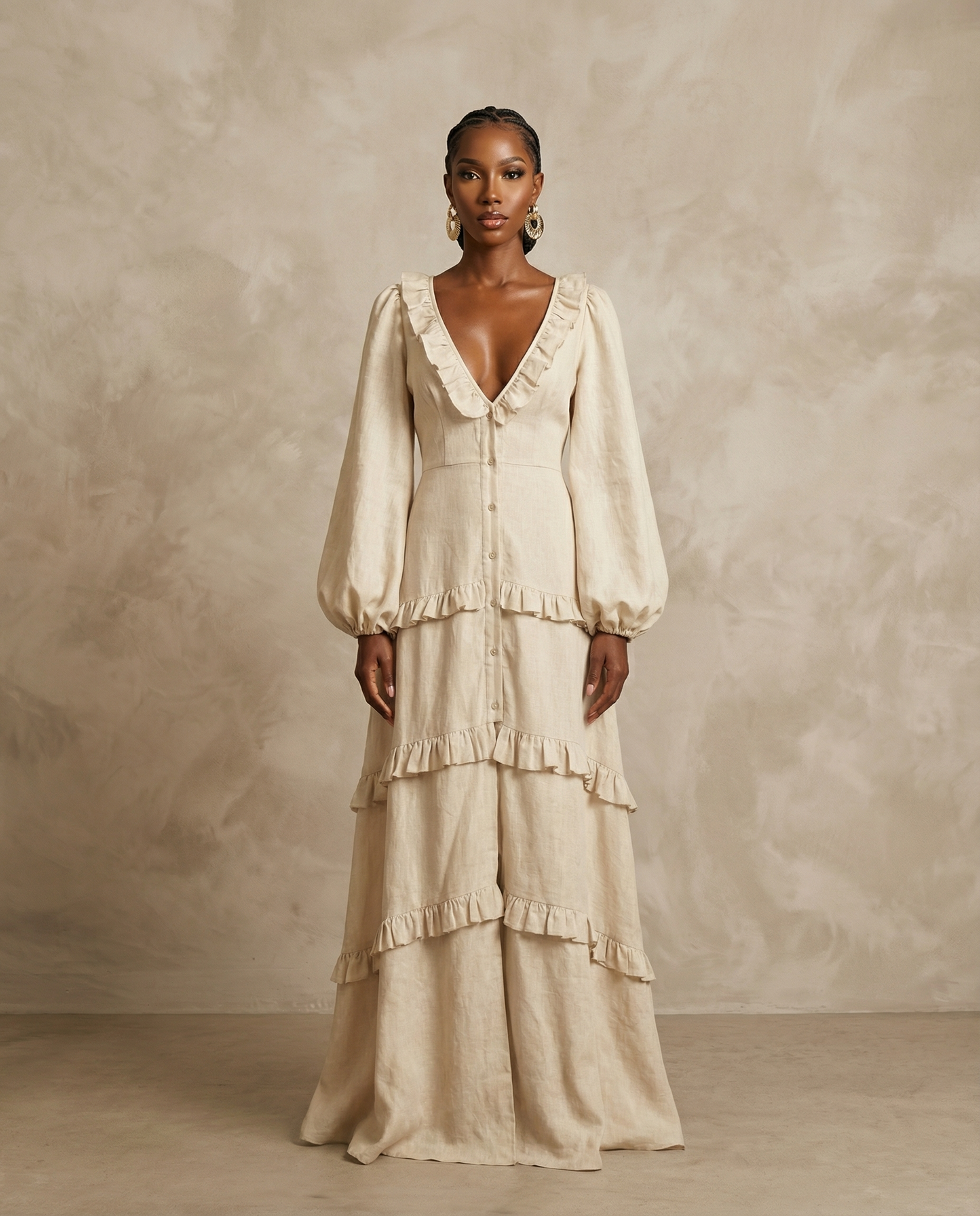The Sena Ruffle Linen Maxi Dress - Cream