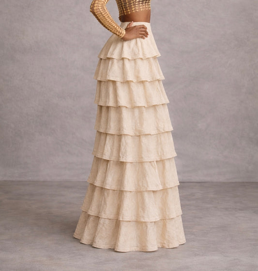 Zara Tiered Maxi Skirt – Nude Linen