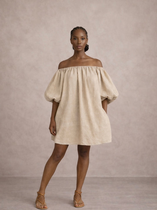 The Luma Off-Shoulder Linen Dress –Sand