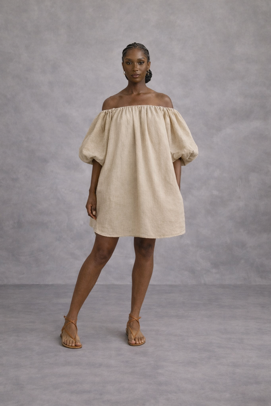 The Luma Off-Shoulder Linen Dress –Sand